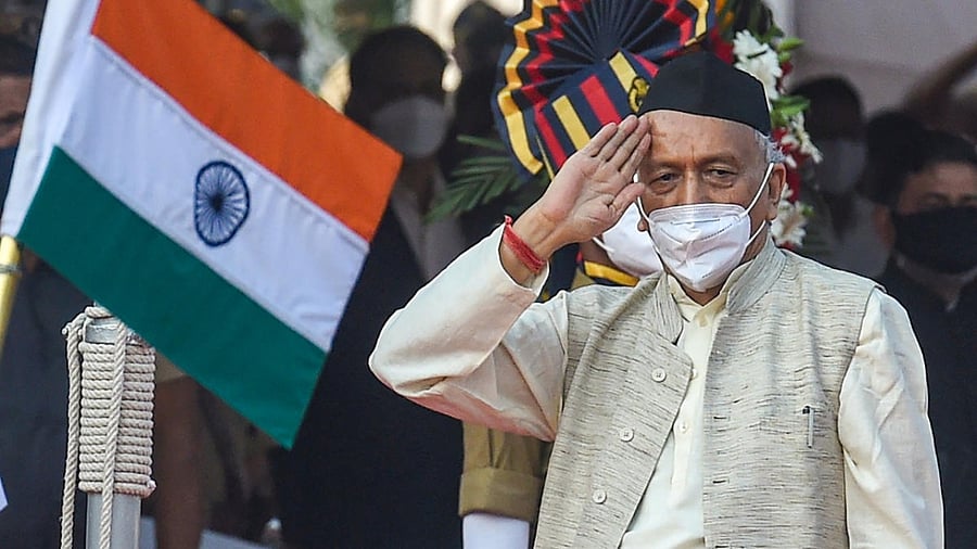 Maharashtra Governor Bhagat Singh Koshyari salutes after hoisting the National Flag on the occasion of 72nd Republic Day celebrations in Mumbai. Credit: PTI.