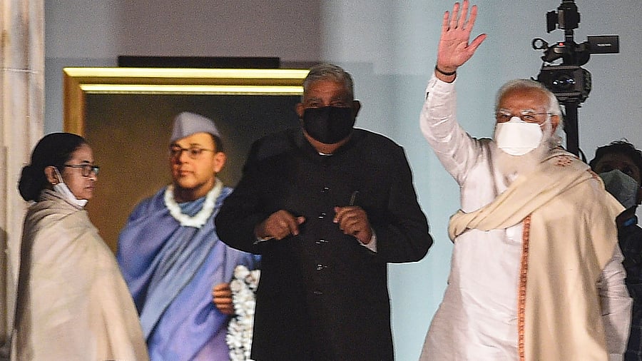 Prime Minister Narendra Modi with West Bengal Governor Jagdeep Dhankhar and State Chief Minister Mamata Banerjee during 125th birth anniversary of Netaji Subash Chandra Bose. Credit: PTI