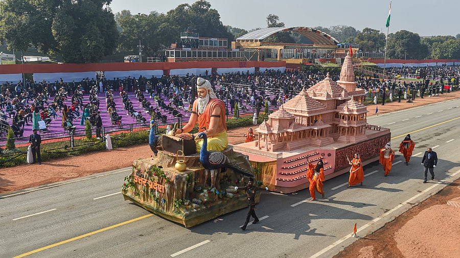 Uttar Pradesh tableau passes Rajpath during the 72nd Republic Day celebrations in New Delhi, Tuesday. Credit: PTI Photo