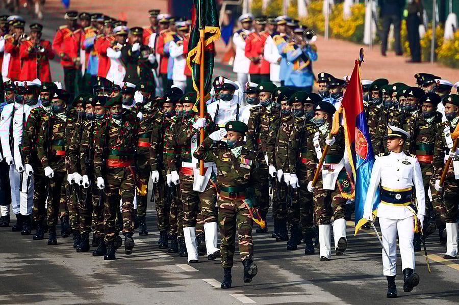 Bangladesh's soldiers march along Rajpath during India's Republic Day parade in New Delhi on January 26, 2021. Credit: AFP Photo