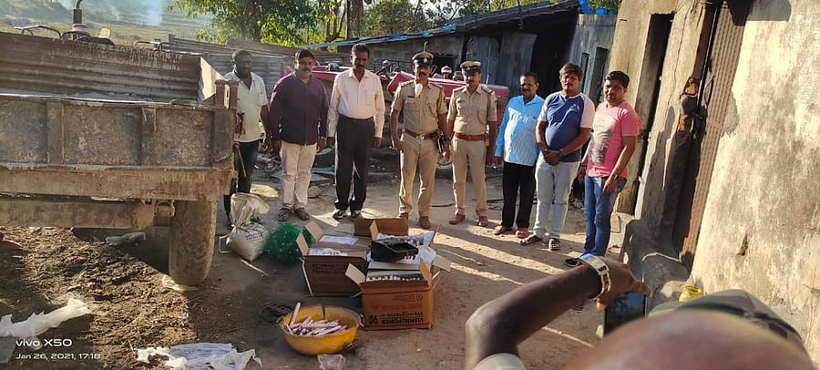 The seized explosives displayed at the Gorur police station limits in Hassan district on Tuesday. Credit: Special Arrangement