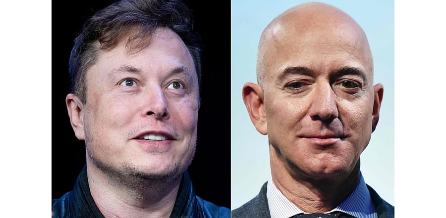 This combination of file photos created on July 15, 2020 shows SpaceX founder Elon Musk in Washington, DC, on March 09, 2020; and Blue Origin founder Jeff Bezos in Washington, DC, on October 22, 2019.