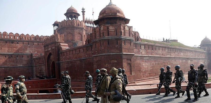 Policemen patrol in front of the Red Fort after Tuesday's clashes between police and farmers, in the old quarters of Delhi. Credit: Reuters photo.