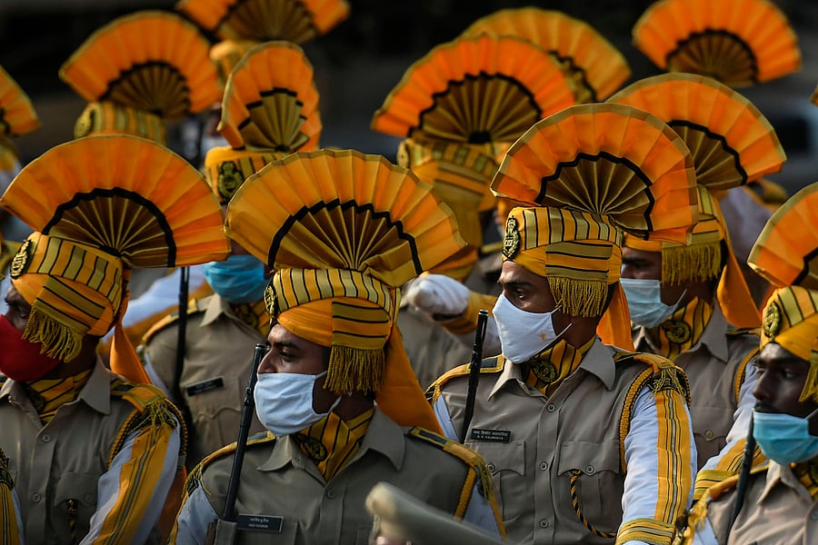 Cadets of Central Industrial Security Force (CISF) march during a full dress rehearsal for the upcoming Republic Day Parade in Chennai on January 24, 2021. Credit: AFP Photo