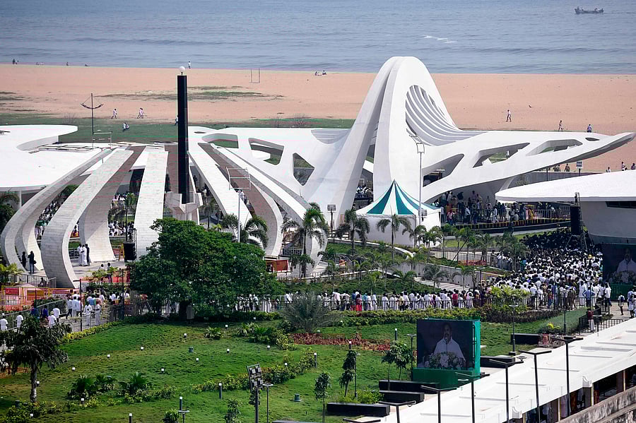 Carders of All India Anna Dravida Munnetra Kazhagam (AIADMK) party gather during the inauguration ceremony of the memorial for late Tamil Nadu Chief Minister J. Jayalalithaa, in Chennai on January 27, 2021. Credit: AFP Photo