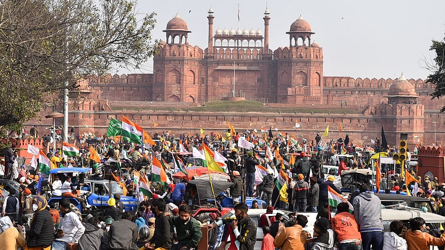 Farmers gather at Red Fort during their tractor parade on Republic Day, in New Delhi, Tuesday, January 26, 2021. Credit: PTI Photo
