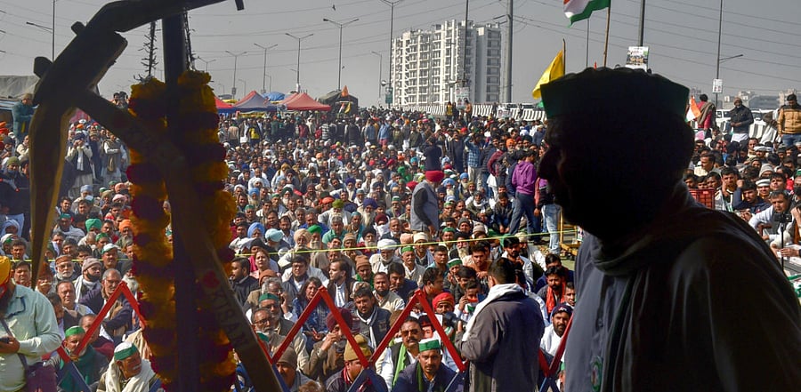 Farmers and their supporters during their protest over Centre's farm reform laws, at Ghazipur border in New Delhi. Credit: PTI Photo