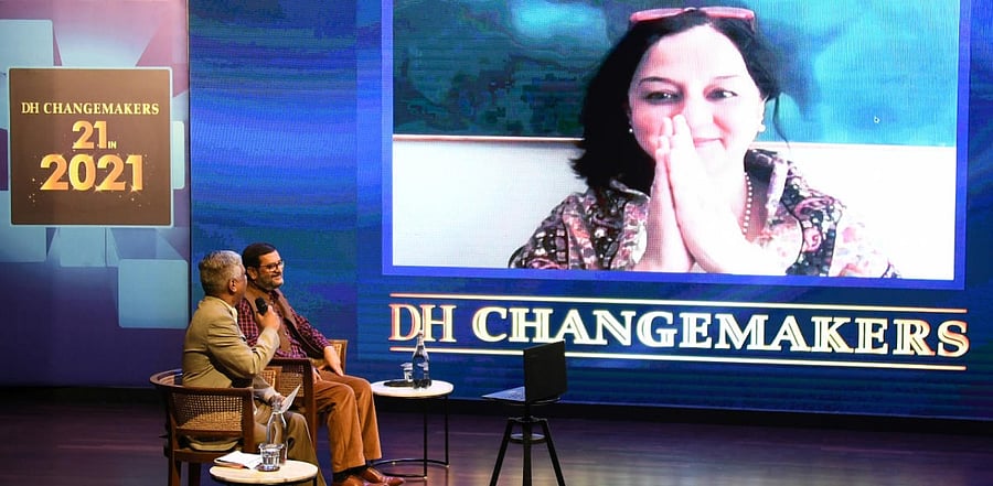 Panel discussion by SR Ramakrishna, Writer Vivek Shanbhag and author and philanthropist Rohini Nilekani at BIC, Bengaluru on Friday. DH Photo/Pushkar V