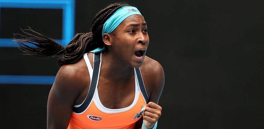 Coco Gauff of the US celebrates her victory against Switzerland's Jil Teichmann. Credit: AFP Photo/David Gray
