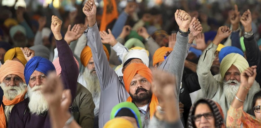 Farmers at Singhu border during their ongoing protest against the new farm laws. Credit: PTI.