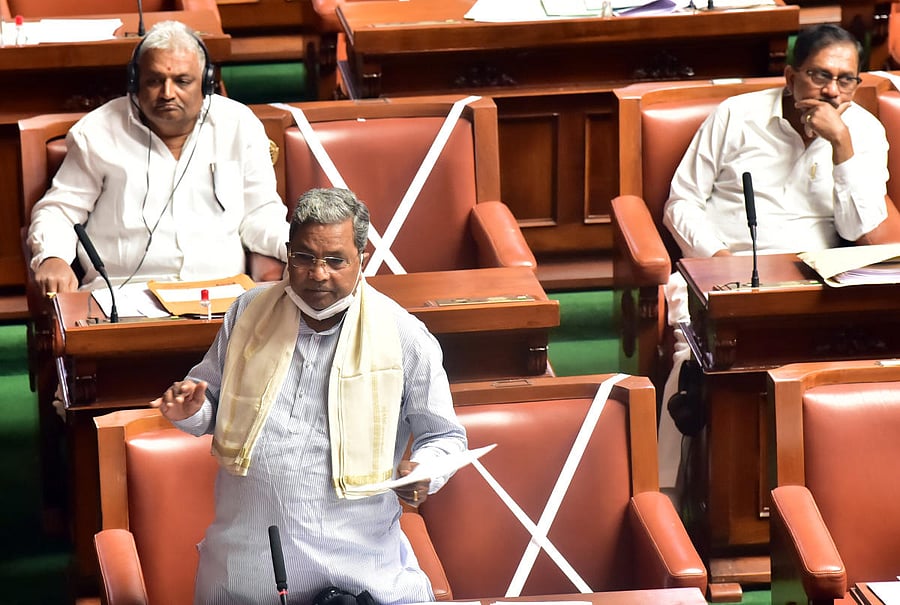Leader of Opposition Siddaramaiah makes a point in the Legislative Assembly on Monday. Credit: DH