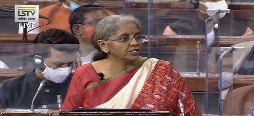 New Delhi: Union Finance Minister Nirmala Sitharaman at Lok Sabha during the Budget Session of the Parliament, in New Delhi, Monday, Feb. 1, 2021. Credit: Youtube Screengrab/LSTV