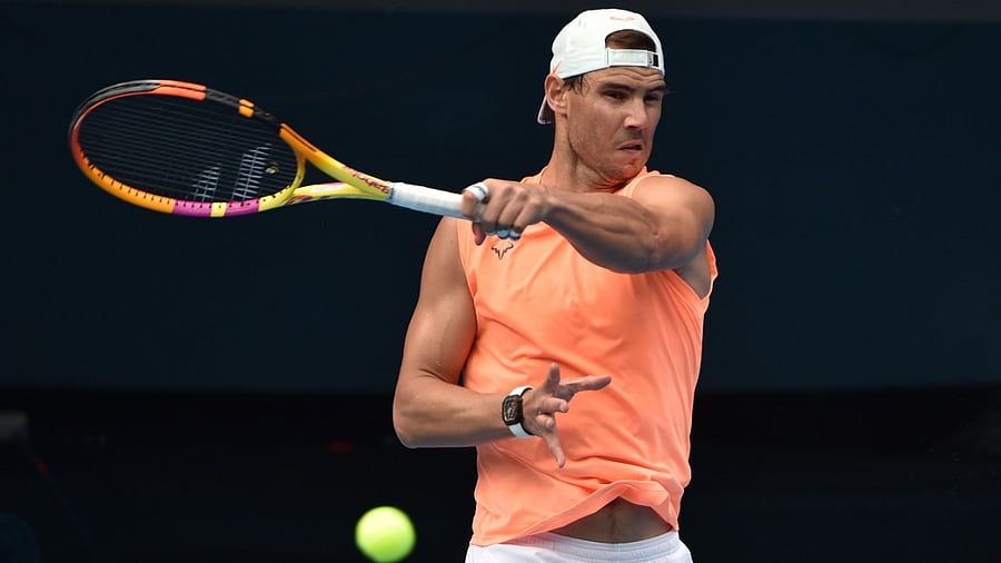 Spain's Rafael Nadal hits a return during the ATP Cup team Spain training session in Melbourne on February 1, 2021, ahead of the Australian Open tennis tournament starting on February 8. Credit: AFP Photo