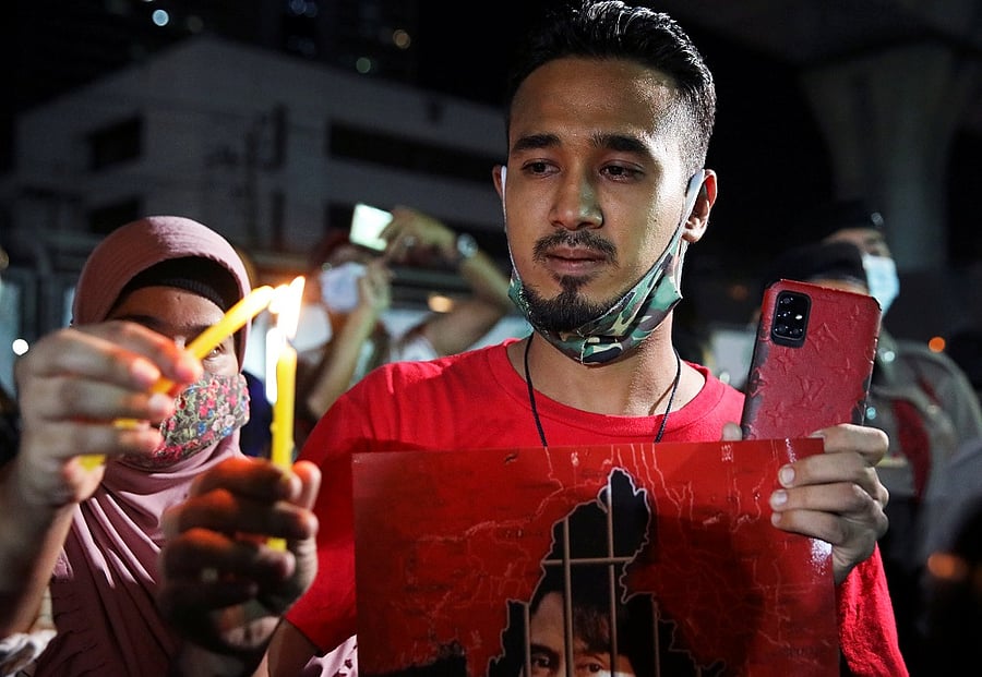 Myanmar citizens living in Thailand protest against the military coup outside Myanmar embassy in Bangkok. Credit: Reuters Photo