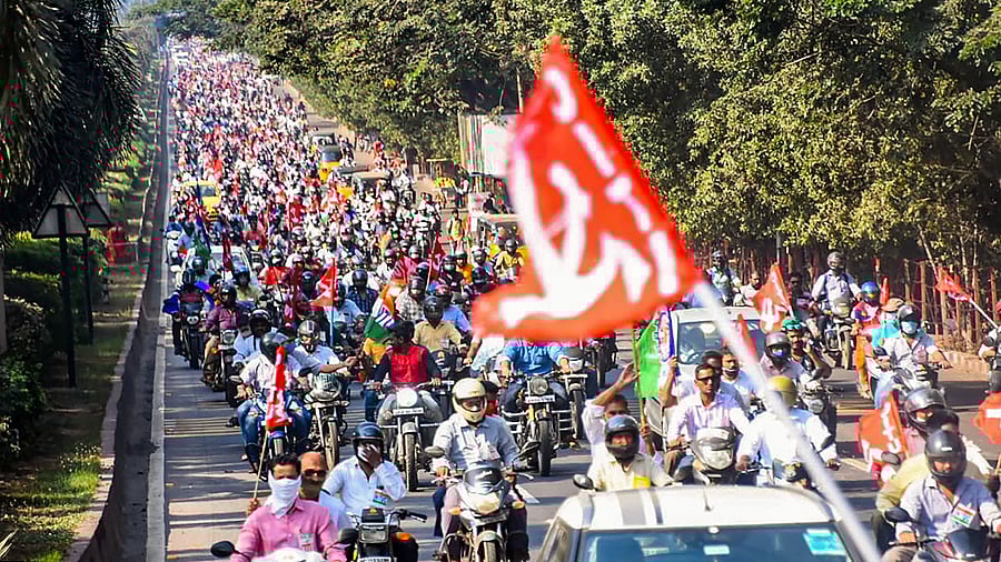 Visakhapatnam Steel Plant employees take part in a massive bike rally to protest against the move to privatise the steel plant, in Visakhapatnam. Credit: PTI Photo