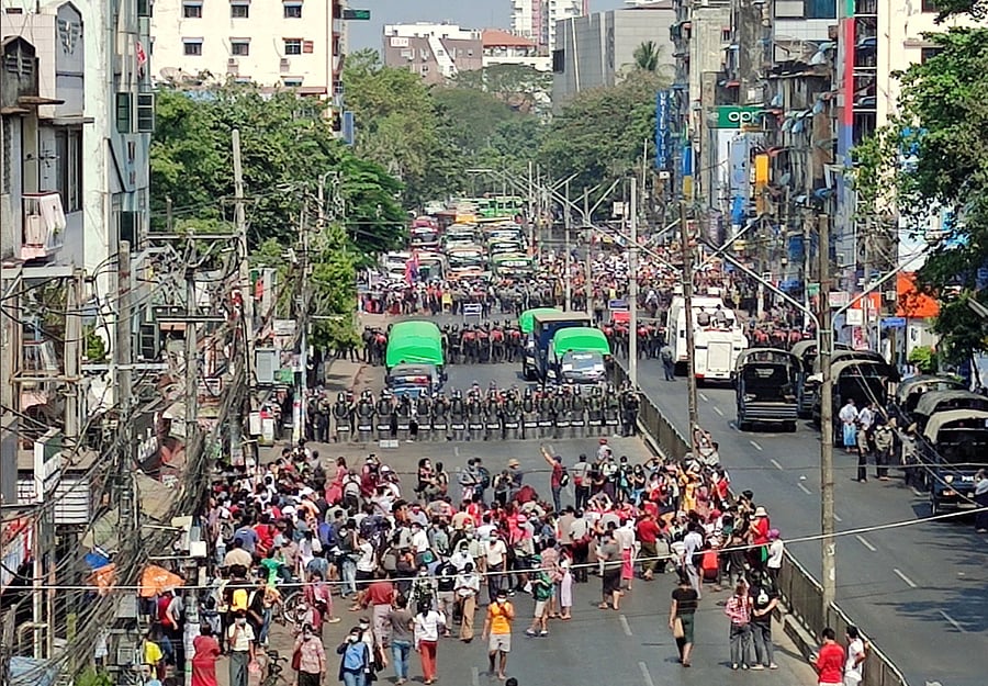 General view of a demonstration against the military coup in Yangon, Myanmar, February 6, 2021. Credit: Myanmar Now/Handout via REUTERS
