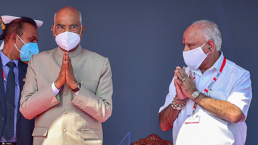 President Ram Nath Kovind with Karnataka Chief Minister B S Yediyurappa during the valedictory function of the 13th edition of Aero India 2021, at Yelahanka air base in Bengaluru. Credit: PTI Photo
