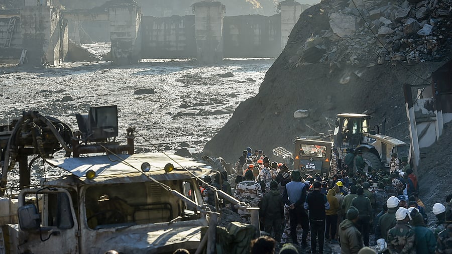 Rescue operations underway near Tapovan Tunnel, after a glacier broke off in Joshimath causing a massive flood in the Dhauli Ganga river, in Chamoli district of Uttarakhand. Credit: PTI Photo