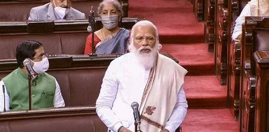 Prime Minister Narendra Modi speaks in the Rajya Sabha during ongoing Budget Session of Parliament, in New Delhi, Monday, Feb. 8, 2021. Credit: PTI Photo.
