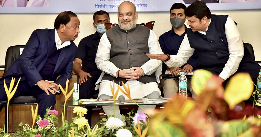 Union Home Minister Amit Shah, BJP leader Narayan Rane, former Maharashtra CM Devendra Fadnavis during the inauguration of the SSPM Lifetime Medical College at Sindhudurg district, Sunday, Feb. 7, 2021. Credit: PTI Photo