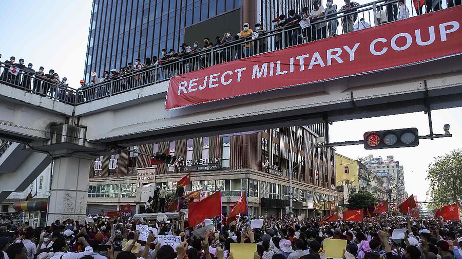 Protesters take part in a demonstration against the military coup in Yangon. Credit: AFP Photo