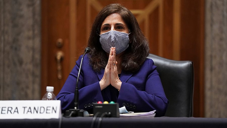 Neera Tanden gestures as she testifies before the Senate Homeland Security and Government Affairs committee on her nomination to become the Director of the Office of Management and Budget (OMB), during a hearing Tuesday, February 9, 2021, on Capitol Hill in Washington. Credit: AP/PTI Photo