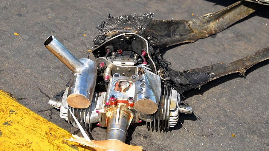 This handout image provided by Saudi Arabia's Ministry of Media on February 10, 2021 reportedly shows the wreckage of an unmanned aerial vehicle (UAV or drone) that was used in an attack on Abha International Airport in Saudi Arabia's southern Asir province. Credit: AFP Photo