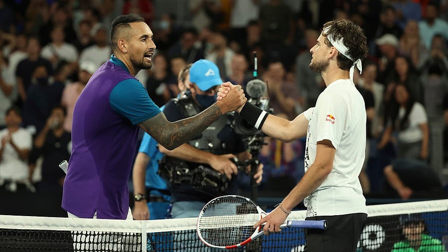  Australia's Nick Kyrgios, left, congratulates Austria's Dominic Thiem for winning their third round match at the Australian Open tennis championship in Melbourne. Credit: AP/PTI Photo.