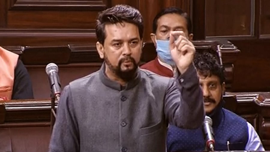 State for Finance Anurag Thakur speaks in the Rajya Sabha. Credit: RSTV Screengrab/via PTI