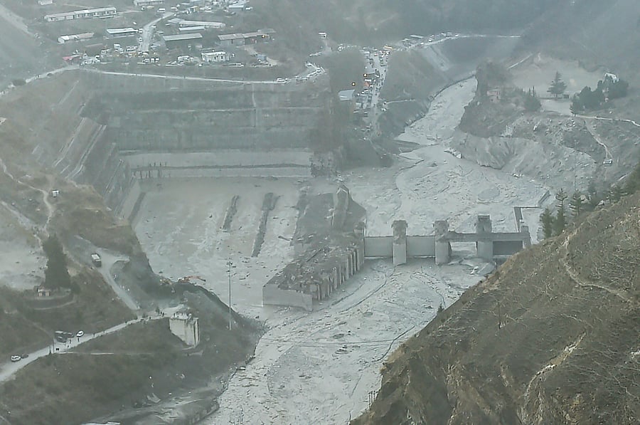 Aerial view shows washed away Tapovan hydel power project plant after Sunday's glacier burst, in Chamoli district of Uttarakhand, Friday, Feb. 12, 2021. Flash floods due to a glacier burst on Feb. 7 at Joshimath have washed away Tapovan hydel project and claimed over 30 lives with several persons still missing. Credit: PTI Photo
