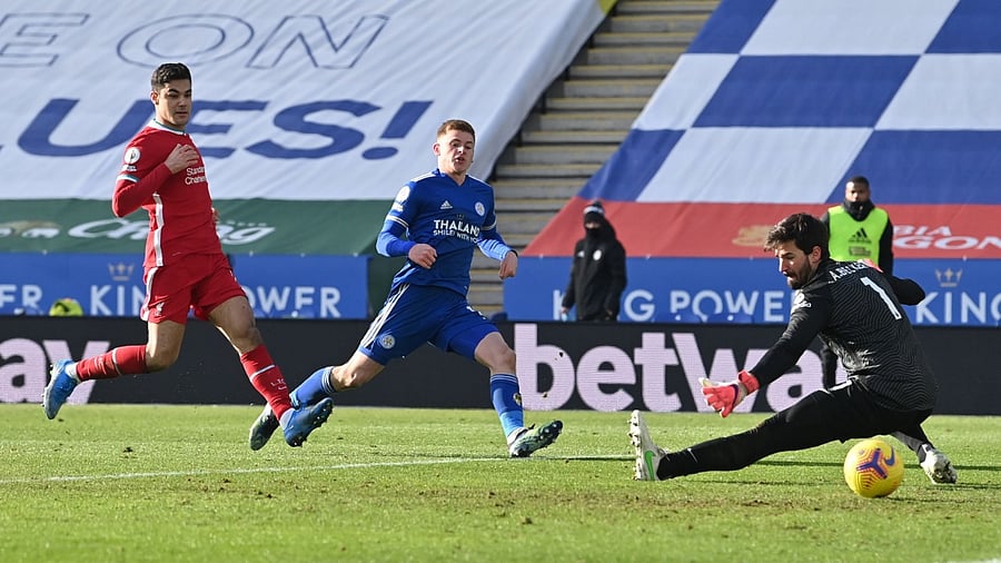 Leicester City's English midfielder Harvey Barnes (C) scores his team's third goal during the English Premier League football match between Leicester City and Liverpool at King Power Stadium in Leicester, England. Credit: Reuters Photo.