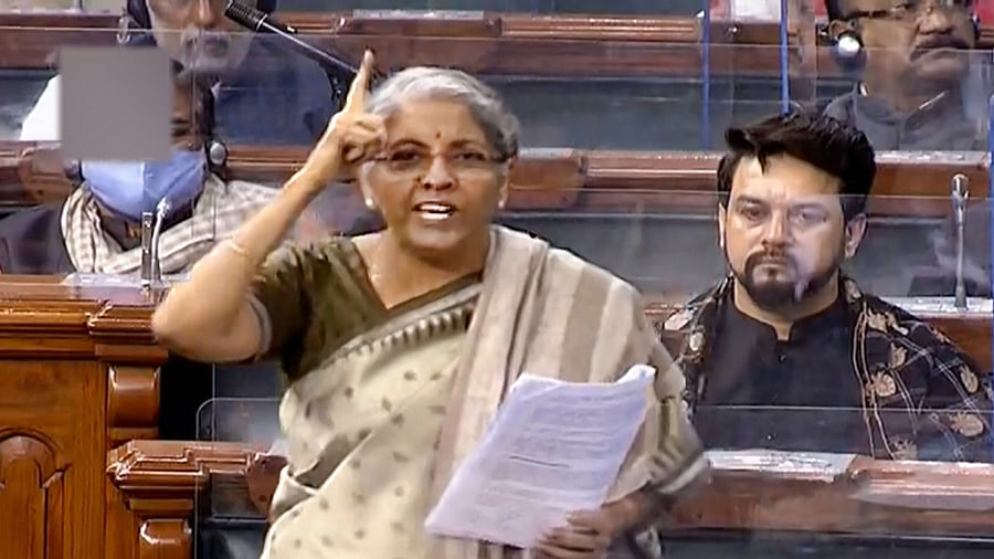 Finance Minister Nirmala Sitharaman speaks in the Lok Sabha during ongoing Budget Session of Parliament. Credit: LSTV/PTI Photo