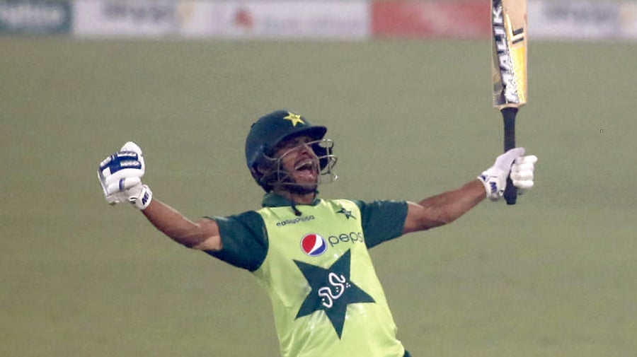 Pakistan's Hasan Ali celebrates after playing a winning shot during the third Twenty20 cricket match between Pakistan and South Africa at the Gaddafi Stadium, in Lahore, Pakistan, Sunday, Feb. 14, 2021. Credit: AP Photo