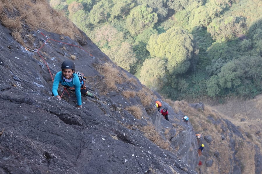 Girl climbers made it to the top of Dukes Nose after setting up the climb in two parts: 500 ft and 300 ft. Credit: Giripremi, Pune