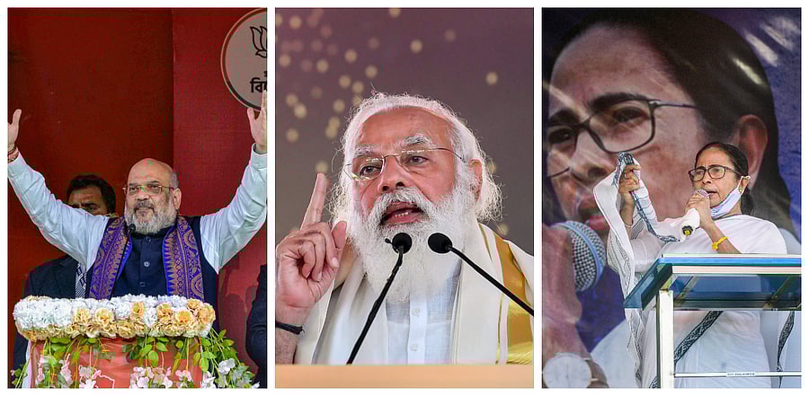 Amit Shah, PM Modi and Mamata Banerjee. Credit: PTI Photos