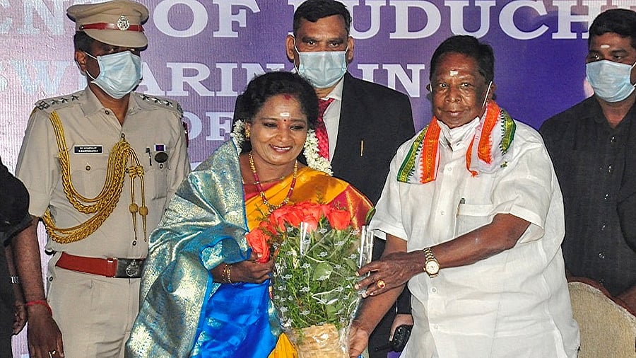 Puducherry CM V Narayanasamy greets Telangana Governor Tamilisai Soundararajan. Credit: PTI Photo