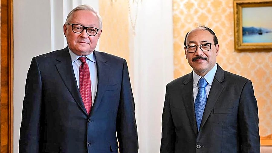Foreign Secretary Harsh Vardhan Shringla meets Russian Deputy Foreign Minister H.E. Sergey Ryabkov, in Moscow. Credit: Twitter Photo via PTI