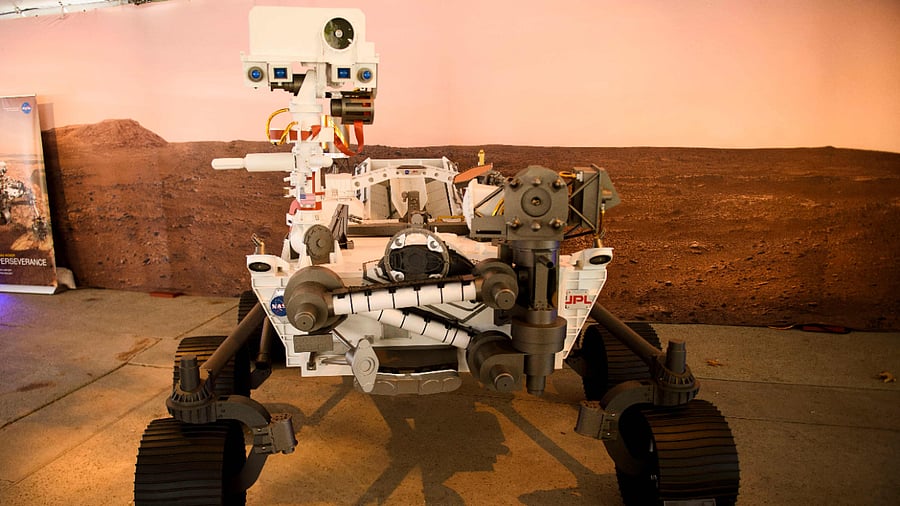 A full-scale model of the Perseverance rover is displayed at NASA's Jet Propulsion Laboratory (JPL). Credit: AFP Photo