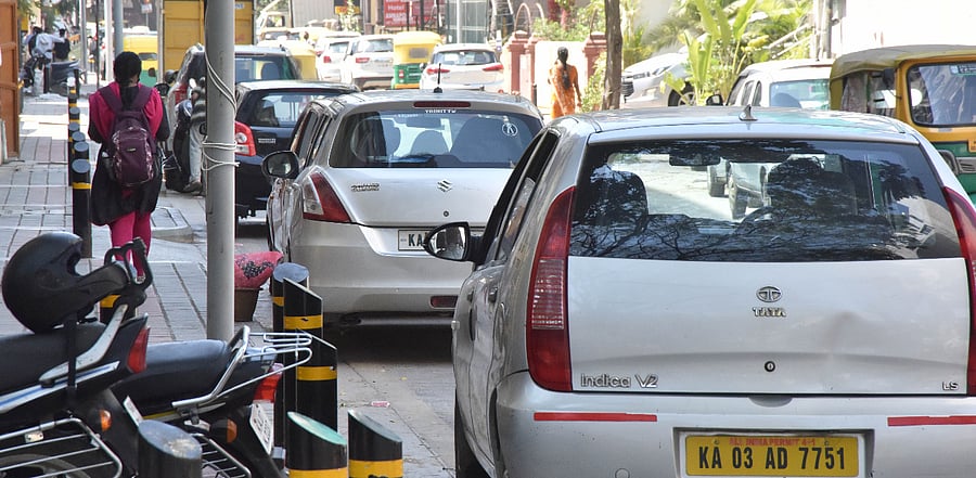 Cars parked at Gandhinagar in Bengaluru. Credit: DH Photo/Janardhan B K