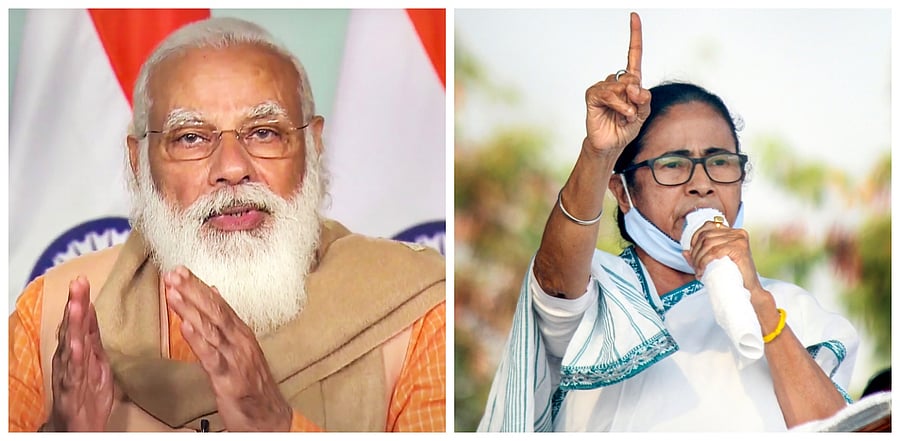 Prime Minister Narendra Modi, TMC chief and West Bengal Chief Minister Mamata Banerjee. Credit: DH Collage