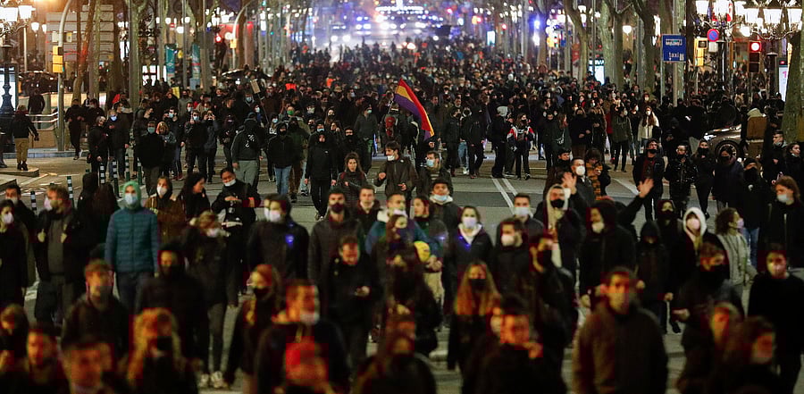 Supporters of arrested Catalan rapper Pablo Hasel protest in Barcelona, Spain. Credit: Reuters Photo
