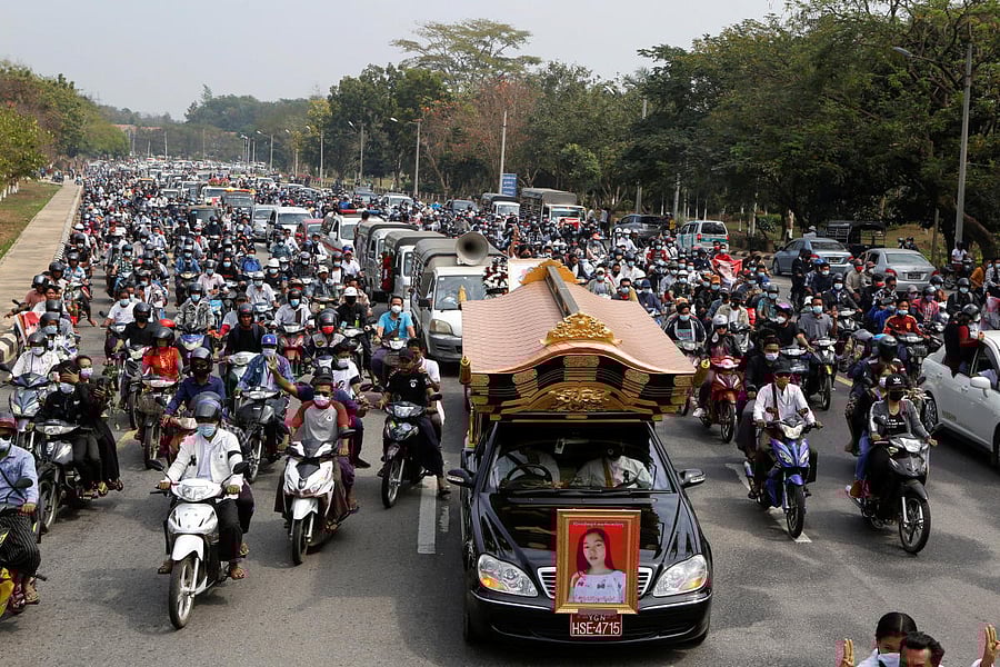 People attend the funeral of Mya Thwate Thwate Khaing, a young woman protester who became the first death among anti-coup demonstrators after she was shot in the head when police tried to disperse a crowd during a protest. Credit: Reuters photo.