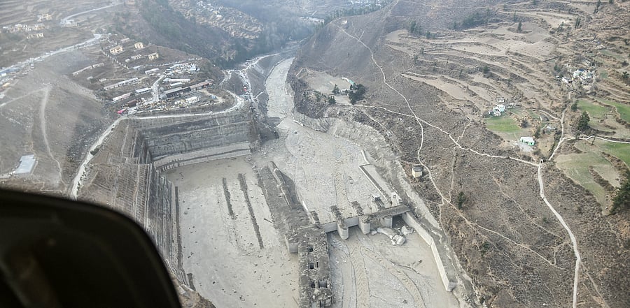 Aerial view shows washed away Tapovan hydel power project plant after Sunday's glacier burst, in Chamoli district of Uttarakhand. Credit: PTI Photo