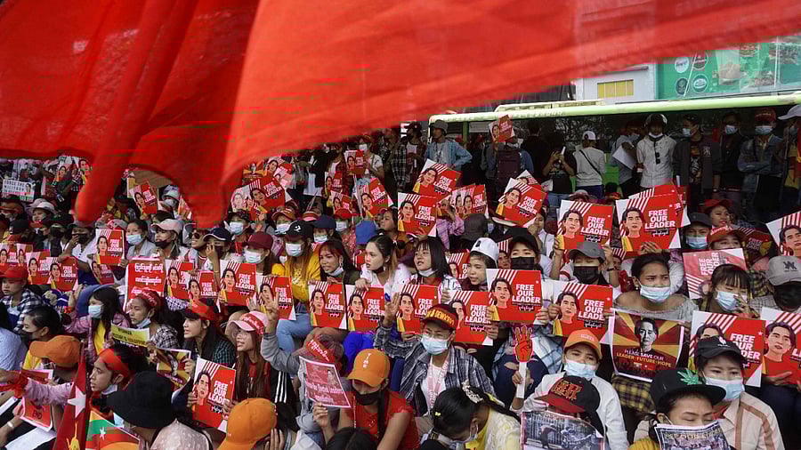 Protesters take part a demonstration against the military coup in Yangon on February 21, 2021. Credit: AFP Photo