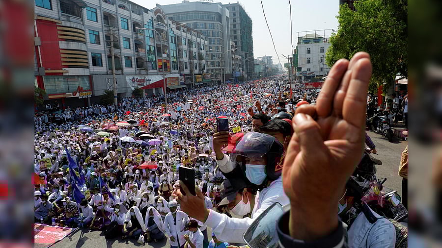 Demonstrators protest against a military coup in Mandalay, Myanmar, February 22, 2021. Credit: Reuters Photo