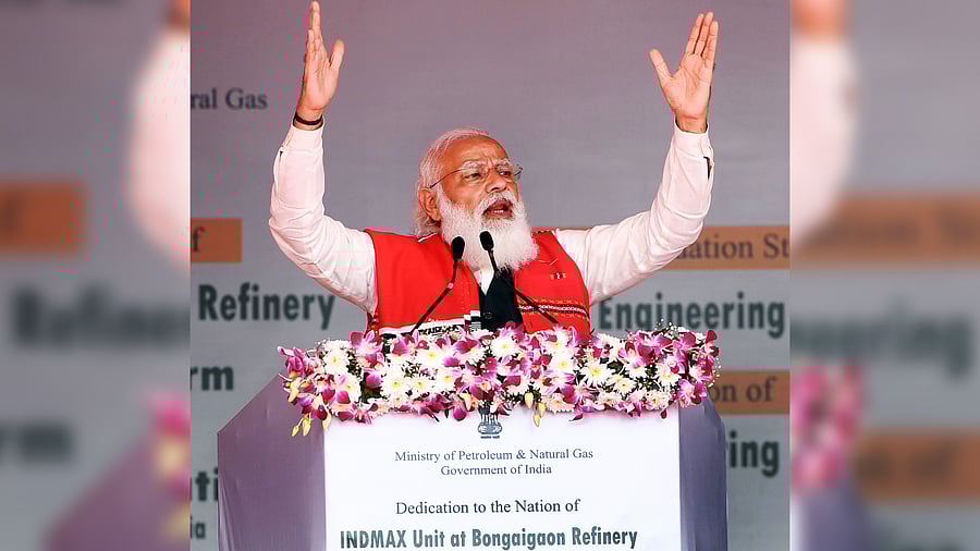 Prime Minister Narendra Modi addresses at the inauguration of the important Oil & Gas projects and Engineering Colleges, in Dhemaji, Monday, Feb. 22, 2021. Credit: PTI Photo