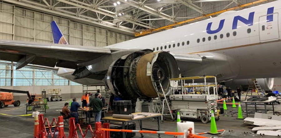 The damaged starboard engine of United Airlines flight 328, a Boeing 777-200. Credit: Reuters