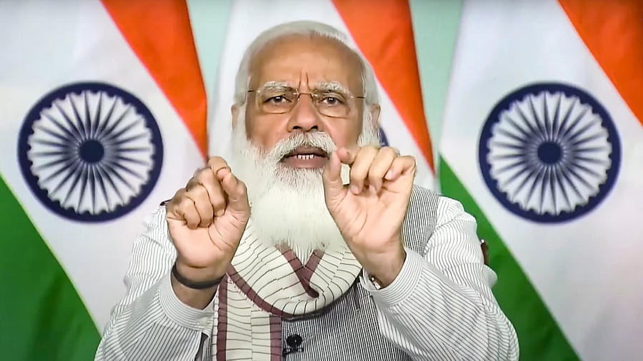 Prime Minister Narendra Modi addresses webinar on effective implementation of Budget provisions in Health sector, in New Delhi. Credit: PTI/official YouTube channel of Narendra Modi.