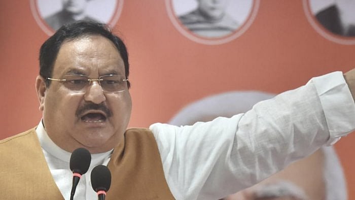 BJP National President JP Nadda speaks during the launch of 'Lokkho Sonar Bangla' campaign, at state BJP election office in Kolkata. Credit: PTI Photo