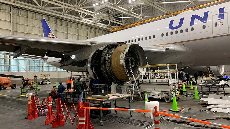The damaged starboard engine of United Airlines flight 328, a Boeing 777-200, is seen following a February 20 engine failure incident, in a hangar at Denver International Airport in Denver, Colorado. Credit: Reuters File Photo